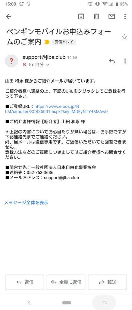 ペンギンモバイルの申し込み案内メール