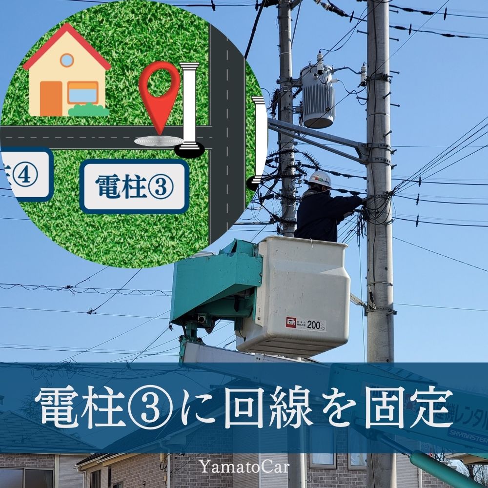 電柱③にケーブルを固定