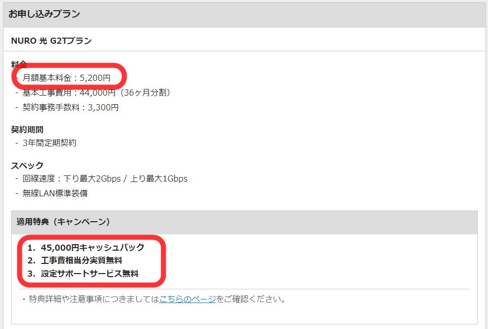 料金の確認とキャンペーンを確認。